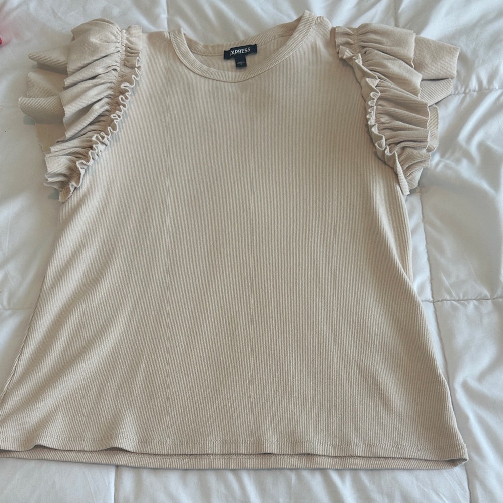 Express Beige Ruffle Sleeve Short Sleeve Top